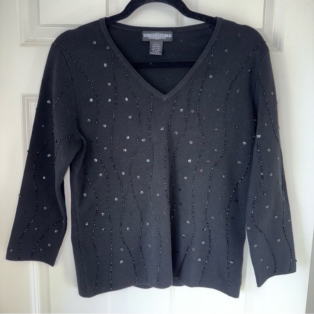 Vintage World Republic Silk Sweater M Black Knit Beaded Sequin V Neck‎ Blouse